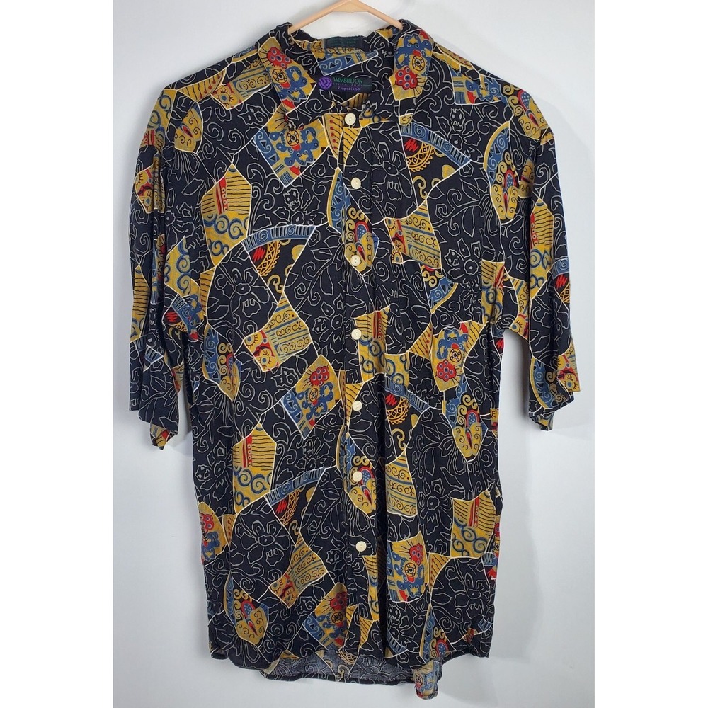 Wimbledon Shirt Mens Medium Tennis Rayon Linen Blend Vtg Black Multicolor Rare